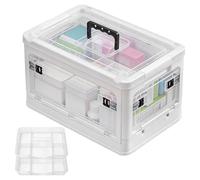 Calolin Large Medicine Storage Box with 2 Inner Boxes, Clear Plastic First Aid Box, 15.7 x 11.2 x 9.6 in, Foldable 5-Way Opening Design, Portable Handle & Bottom Wheels, Classic White