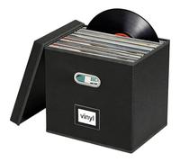 Calolin Leather Vinyl Record Storage Box, 13x13x13 in Collapsible Records Crate with Lid, Long-Term Cardboard Support, Easy Carry Handles, Black