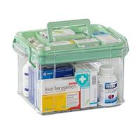 Calolin Small Medicine Storage Box, Double Layer Multi-Grid First Aid Box with Handle, Portable Medicine Organizer with Dividers, Clear Green 9.4x6.8x5.3 in for 1-2 Person Household