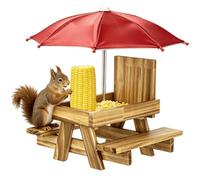 Calolin Squirrel Feeder Table with Umbrella, Wooden Squirrel Picnic Table Feeder with Corn Cob Holder, Outdoor Wildlife Feeding Station for Garden Tree Fence, Suitable for Chipmunks and Wild Birds