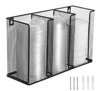 Calolin Wall Mount Coffee Cup Lid Holder, Metal Mesh Disposable Cup Dispenser, 3-Compartment Coffee Cup Organizer 13 x 7.9 x 4.5 in, Portion Sauce Cup Lid Organizer, Black