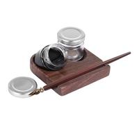 Calolin Wooden Tilting/Horizontal Calligraphy Pen Holder, Brown Wood Ink Well for Dip Pen with Dual Slot Design, 3.9 in Base Diameter Table Decoration, Calligraphy Oblique Nib Holder Stand