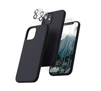 CALOOP 5 in 1 Designed for iPhone 12 Case and iPhone 12 Pro Case 6.1", with 2 Pack Screen Protector & 2 Pack Camera Lens Protector, Soft Liquid Silicone Gel Slim Shockproof Cover, Black