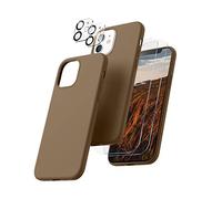 CALOOP 5 in 1 Designed for iPhone 12 Case and iPhone 12 Pro Case 6.1", with 2 Pack Screen Protector & 2 Pack Camera Lens Protector, Soft Liquid Silicone Gel Slim Shockproof Cover, Light Brown