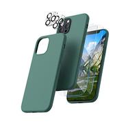 CALOOP 5 in 1 for iPhone 12 Pro Max Case 6.7",Liquid Silicone Case with 2 Pack Tempered Screen Protector + 2 Pack Camera Lens Protector,Slim Shockproof Phone Case with Microfiber Lining,Pine Green