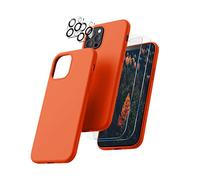 CALOOP 5 in 1 for iPhone 12 Pro Max Case 6.7",Liquid Silicone Case with 2 Pack Tempered Screen Protector + 2 Pack Camera Lens Protector,Slim Shockproof Phone Case Microfiber Lining,Kumquat Orange
