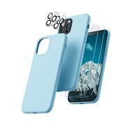 CALOOP 5 in 1 for iPhone 12 Pro Max Case 6.7",Liquid Silicone Case with 2 Pack Tempered Screen Protector + 2 Pack Camera Lens Protector,Slim Shockproof Phone Case with Microfiber Lining,Sky Blue