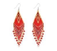 CALORVIA Bohemian Large Long Tassel Beaded Dangle Earrings Native Handmade Boho Statement Big Fringe for Women, Seed Bead, No Gemstone