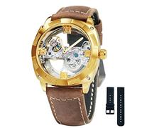 Caluxe Men Golden Bridge Skeleton Watch Automatic Mechanical Waterproof Calf Leather Strap, Gold, Skeleton Watch,Mechanical