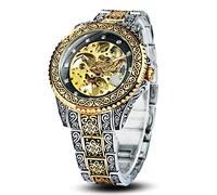 Caluxe Men’s Watch Carving Gold Black Automatic Mechanical Watch for Men Skeleton New Launched Luxury Engraving Golden Wrist Watch, gold, Mechanical