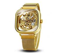 Caluxe Skeleton Watch for Men Transparent Square Face Engraved Golden Automatic Mechanical Men's Wristwatch Ultra Thin Mesh Strap Magnet Clasp Classic Vintage Retro Women Unisex, GOLDEN, Skeleton
