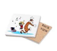 Calvin and Hobbes Dancing with Music, Cartoon Character, Drinks Coffee-Tea Coaster. (Square Ceramic Coaster)