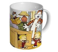 Calvin and Hobbes Dinosaur - Ceramic Coffee & Tea Mug 11oz - Durable Glossy White Cup - Dinosaur Cardboard Box Adventure Comic Strip