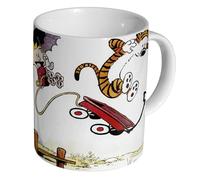 Calvin and Hobbes Jump - Ceramic Coffee & Tea Mug 11oz - Durable Glossy White Cup - Cartoon Style Wagon Stunt Scene
