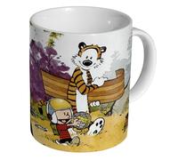 Calvin and Hobbes Sled - Ceramic Coffee & Tea Mug 11oz - Durable Glossy White Cup - Classic Comic Scene with Helmet and Globe Nostalgic Classic Cartoon