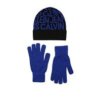 Calvin Klein Boys' Ckj All Over Logo Solid Beanie and Glove Set Hat, Surf The Web, 8-16 Years