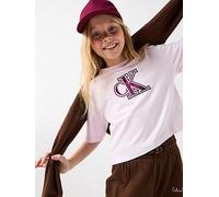 Calvin Klein Jeans Girls Velvet Monogram Boxy Short Sleeve T-Shirt, Pink, Size Age: 14 Years Pink