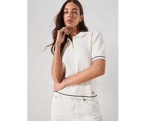 Calvin Klein Jeans Short Sleeve Woven Label Cropped Cable Polo Top, White, Size Xl, Women White