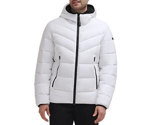 Calvin Klein Men's Heavyweight Short Puffer Jacket, Hooded Stretch White, M
