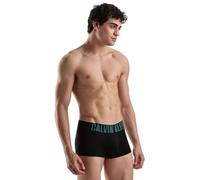 Calvin Klein Men's Intense Power 3-Pack Low Rise Trunk Swimming Trunks (Pack of 3), Black Bodies W/Aqua Bar, White, Brisk Blue Logos, S