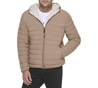 Calvin Klein Men's Mid-Weight Sherpa Lined Puffer Jacket, Hooded Down Tan, XL