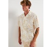 Calvin Klein Revere Collar Printed Linen Short Sleeve Shirt - Light Beige, Light Beige, Size 2Xl, Men Light Beige