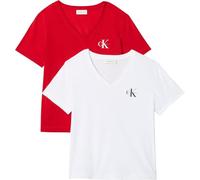 Calvin Klein Women’s 2 Pack Short Sleeve V-Neck Logo T-Shirts, Multicolor (Adrenaline Rush/Brilliant White), S