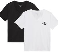 Calvin Klein Women’s 2 Pack Short Sleeve V-Neck Logo T-Shirts, Multicolor (Black/Brilliant White), L