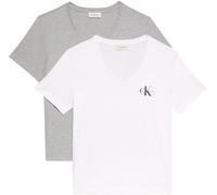 Calvin Klein Women’s 2 Pack Short Sleeve V-Neck Logo T-Shirts, Multicolor (Heroic Grey Heather/Brilliant WHI), XS