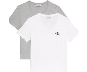 Calvin Klein Women’s 2 Pack Short Sleeve V-Neck Logo T-Shirts, Multicolor (Heroic Grey Heather/Brilliant WHI), XS