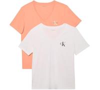 Calvin Klein Women’s 2 Pack Short Sleeve V-Neck Logo T-Shirts, Multicolor (Just Peach/Brilliant White), L