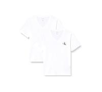 Calvin Klein Women’s 2 Pack Short Sleeve V-Neck Logo T-Shirts, White (Brilliant White), M