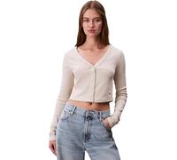 Calvin Klein Women’s Cardigan Woven Label Ribbed with Button Placket, Off-White (Ba01 Grey Heather), S