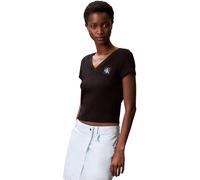 Calvin Klein Women’s Short Sleeve V-Neck Woven Label Rib T-Shirt, Black (Black), S