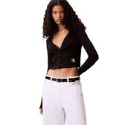 Calvin Klein Women’s Woven Label Ribbed Cardigan with Button Placket, Black (Black), L