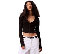 Calvin Klein Women’s Woven Label Ribbed Cardigan with Button Placket, Black (Black), M