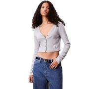 Calvin Klein Women’s Woven Label Ribbed Cardigan with Button Placket, Grey (Bc06 Grey Heather), L