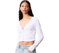 Calvin Klein Women’s Woven Label Ribbed Cardigan with Button Placket, White (Brilliant White), S