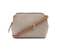 Calvin Klein Women's Hailey Signature Triple Compartment Chain Crossbody, Textured Almond/Taupe/Caramel Linear, One Size