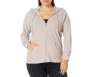Calvin Klein Women's Premium Performance Ruched Long Sleeve Zip Up Hoodie (Standard and Plus) Jacket, Evening Sand, 2X