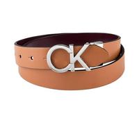 Calvin Klein Women's Two-in-One Reversible CK Monogram Plaque Buckle Dress Belt (Regular and Plus Sizes), Tan/Red, Medium