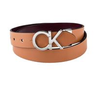 Calvin Klein Women's Two-in-One Reversible CK Monogram Plaque Buckle Dress Belt (Regular and Plus Sizes), Tan/Red, Medium