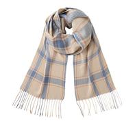 CALVIN & OLIVIA Ultra-Soft Cashmere Feel Scarf Winter Holiday Gift for Men & Women, Beige Sky Blue Plaid Tassel Scarf With Peach Accents, Standard