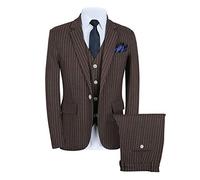 CALVINSUIT Men's Pinstripe 3 Pieces Suit Slim Fit Stripe Notch Lapel Jacket Tuxedo Brown