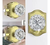 Calzibeno 3 Pack Glass Door Knobs with Lock, Satin Brass Crystal Door Knobs Interior for Privacy Use, Antique Glass Door Knobs for Bedroom Bathroom, Clear Crystal Doorknob Set