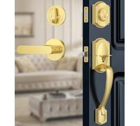 Calzibeno Front Door Lock Set, Gold Front Door Handle and Deadbolt Set, Vintage Exterior Door Lock Set, Front Door Handle with Single Cylinder, Reversible for Right & Left, Satin Brass