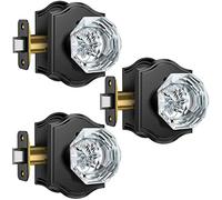 Calzibeno Glass Door Knobs 3 Packs with Lock Privacy Function, Gorgeous Crystal Door Knobs Diamond Door Knobs Bathroom Door Knobs Zinc Alloy Base Black Door Knob Interior