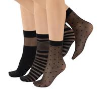CALZITALY 3 Pairs Women Pop Socks, Sheer Everyday Socks, Patterned Ankle Socks, Polka Dots, Stripes, Geometric, One Size, Made in Italy (Pttern B - Black, One Size)