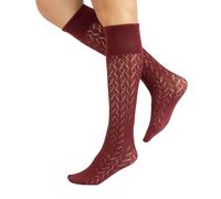 CALZITALY Women Knitted Crochet Knee-High Socks with Ribbed or Chevron Pattern | Black, Blue, Bordeaux, Grey, Brown, Beige | Made in Italy (Chevron - Bordeaux, One Size)