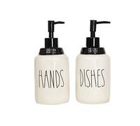 Cam n Honey Modern Farmhouse Style Ceramic Dishes and Hands Liquid Soap Dispenser Set - Perfect for Kitchen Counter Décor (14oz, White Bottles with Black Pump and Lettering)…